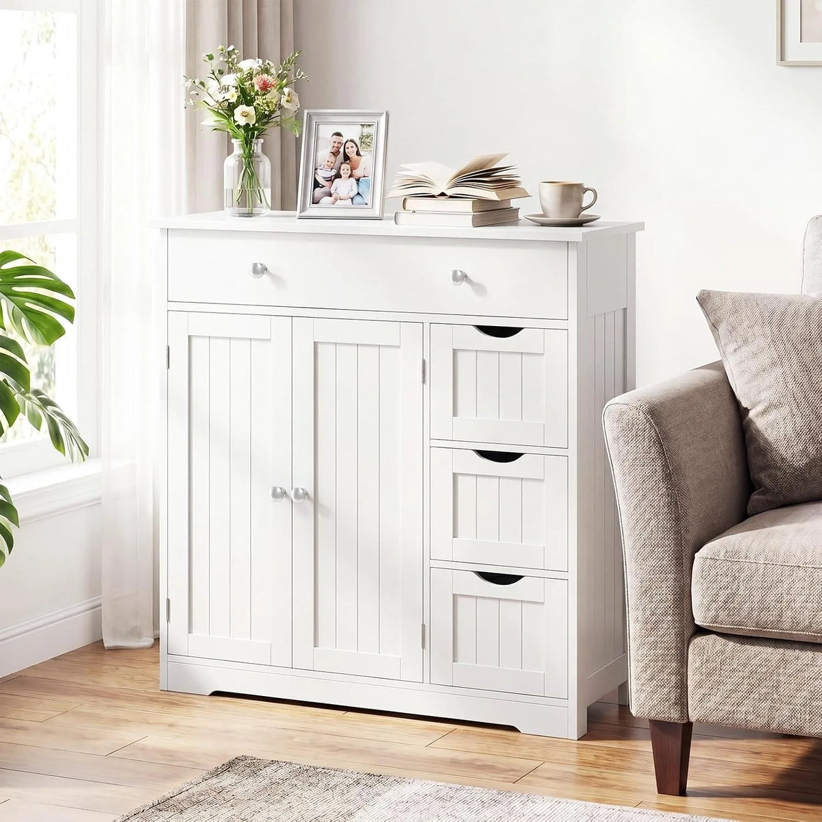 Bathroom Floor Cabinet, 4 Drawers, 2 Doors Cabinet (Off White)