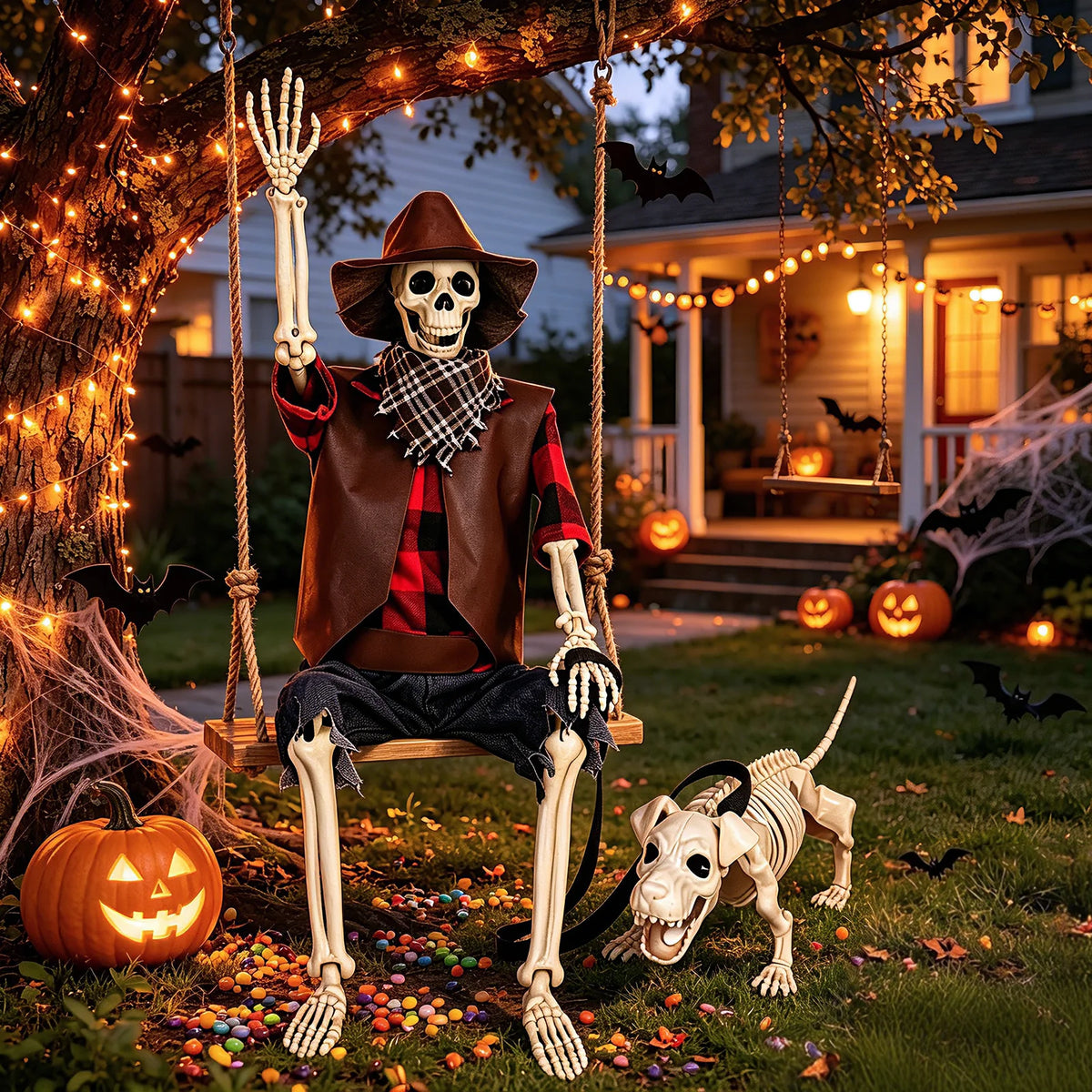 Posable Cowboy Skeleton And Dog Halloween Decorations