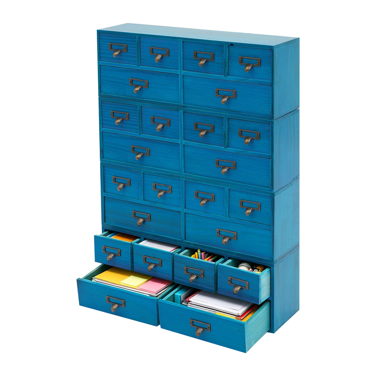 Wood Steel 6 Drawer Storage Box Organization Station, Blue Desk Organizer for Office Home Kitchen Supplies