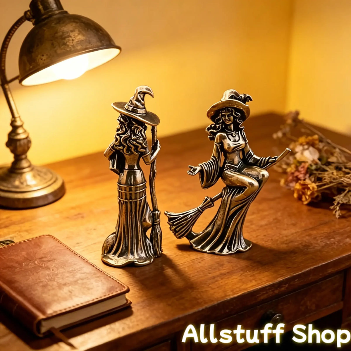 Gothic Witch Sculpted Figurine Pair With Bat Pattern Hats