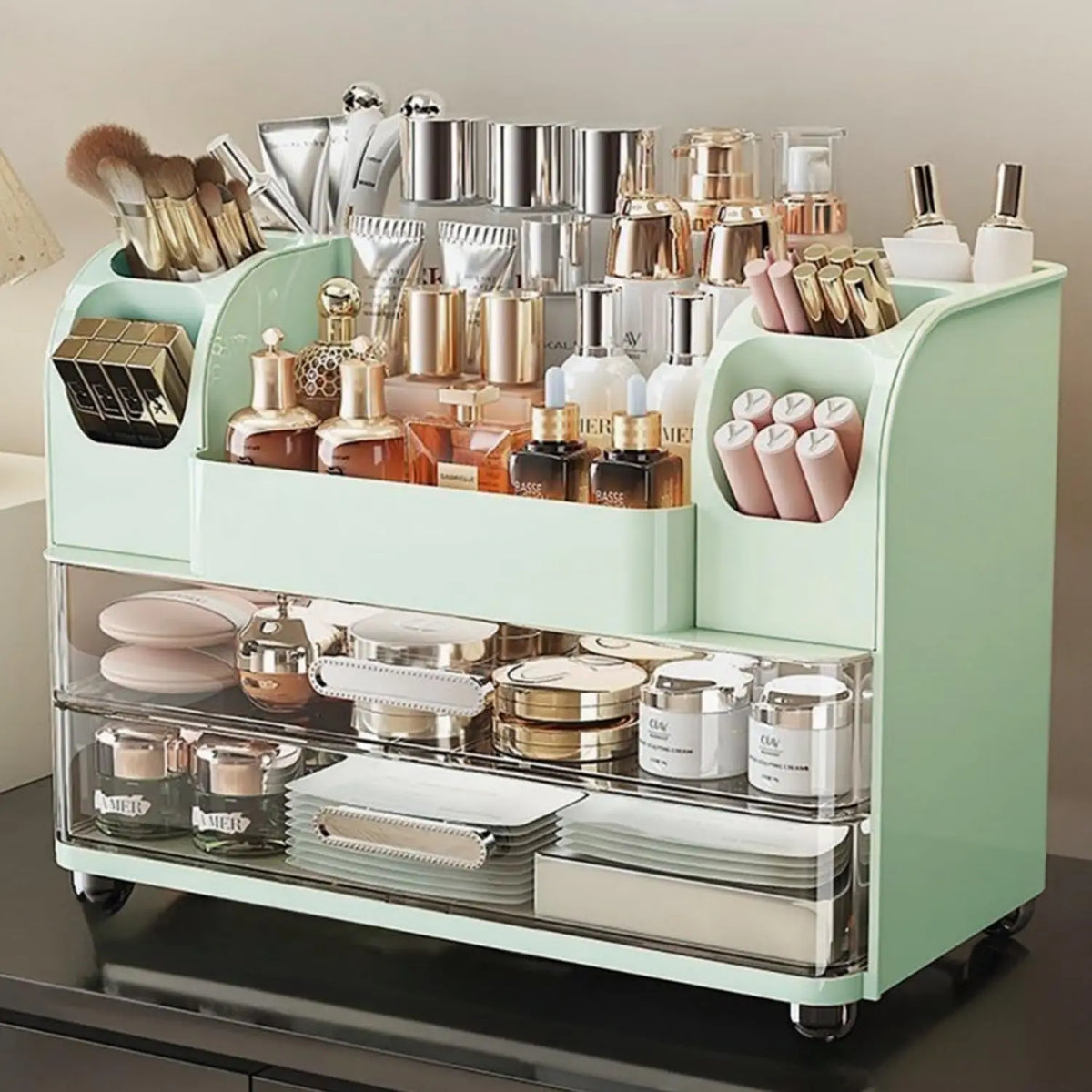 Plastic Vanity Makeup Organizer With Drawers And Brush Slots