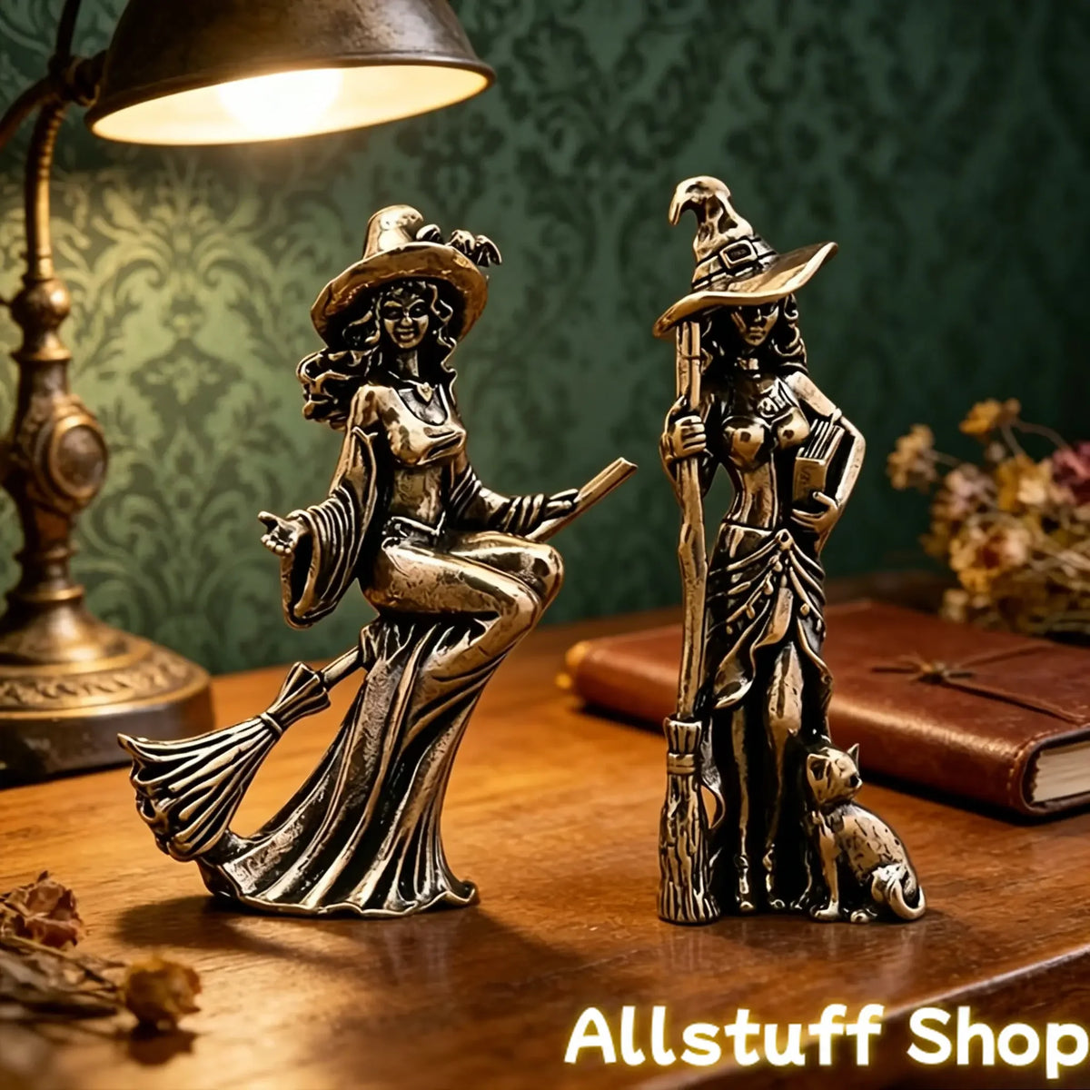 Gothic Witch Sculpted Figurine Pair With Bat Pattern Hats