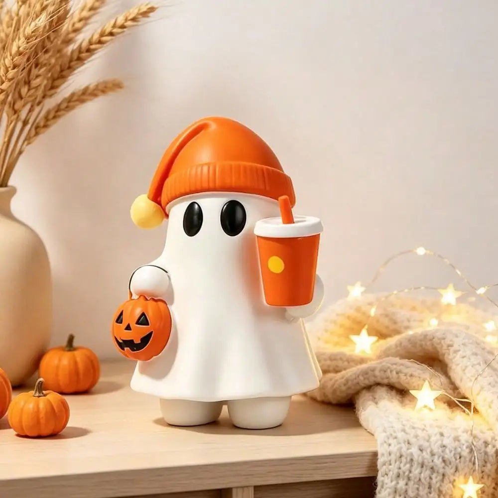 1pc Cute Halloween Ghost Figurine With Pumpkin Bucket And Orange Drink Resin Ghost Desktop Decor, Home Office Bookshelf Coffee Table Halloween Decoration Gift