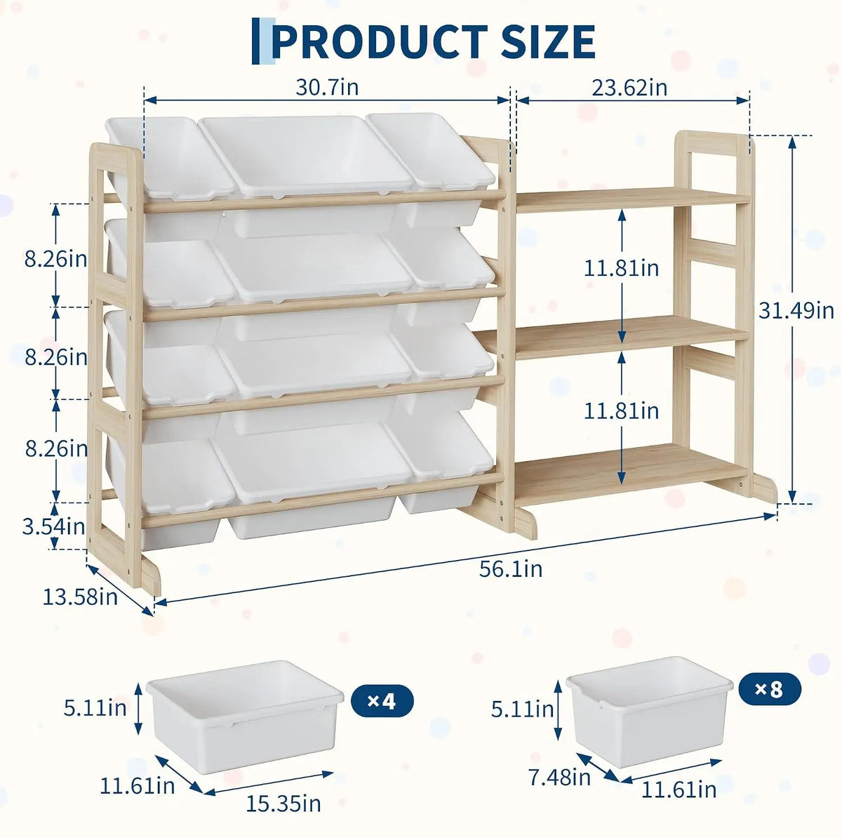 Garvee Toy Storage Organizer for Kids, 12 Bins with 3 Open Shelves, 56" Tall Wooden Bookshelf Display Rack, Solid Pine Natural Finish, Sturdy Toddler Room Shelf Unit for Playroom, Bedroom & Nursery