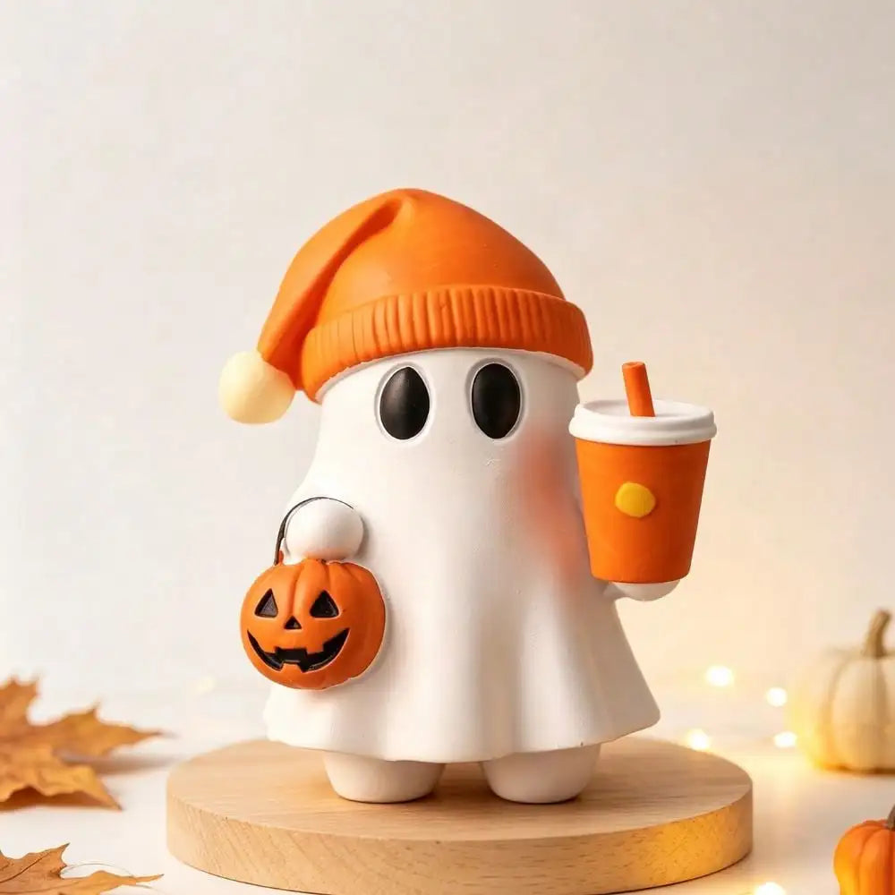 1pc Cute Halloween Ghost Figurine With Pumpkin Bucket And Orange Drink Resin Ghost Desktop Decor, Home Office Bookshelf Coffee Table Halloween Decoration Gift