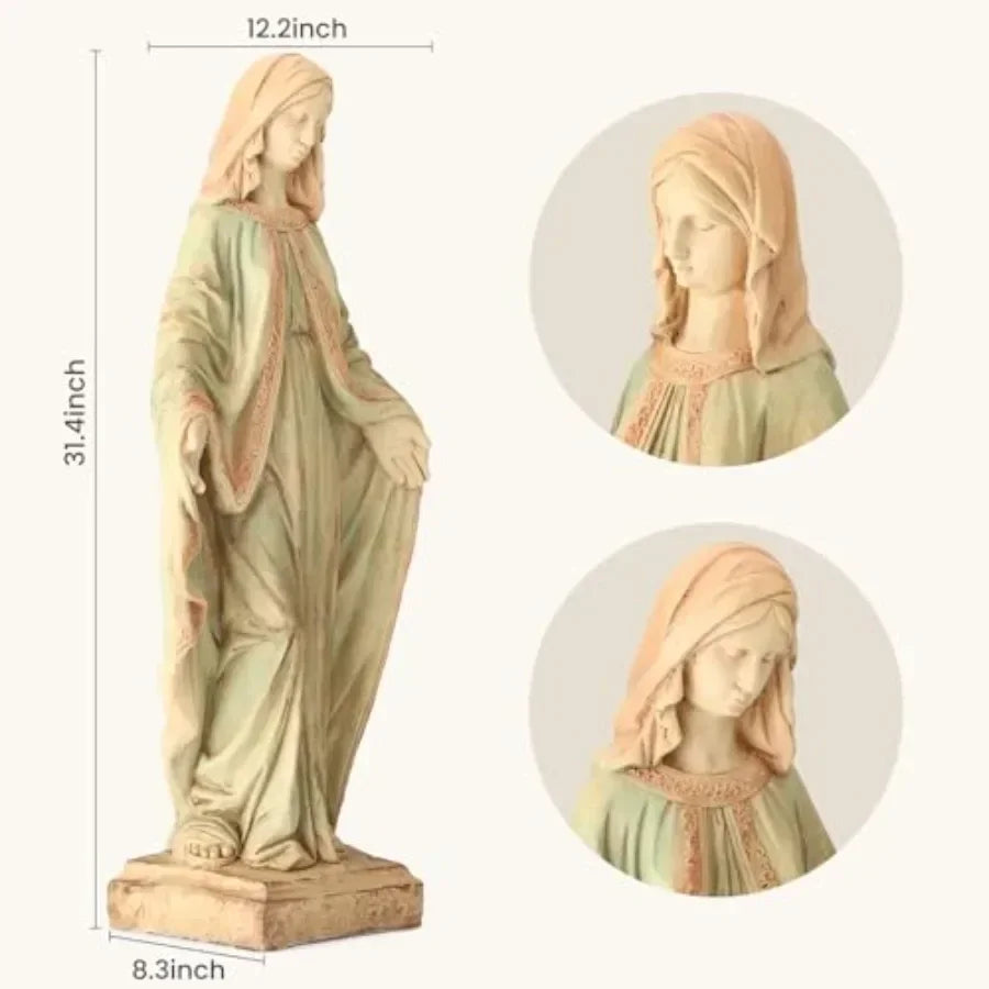 Outdoor garden statue of Virgin Mary, 31.5-inch praying Holy Madonna in weather-resistant resin, white and gold finish, durable