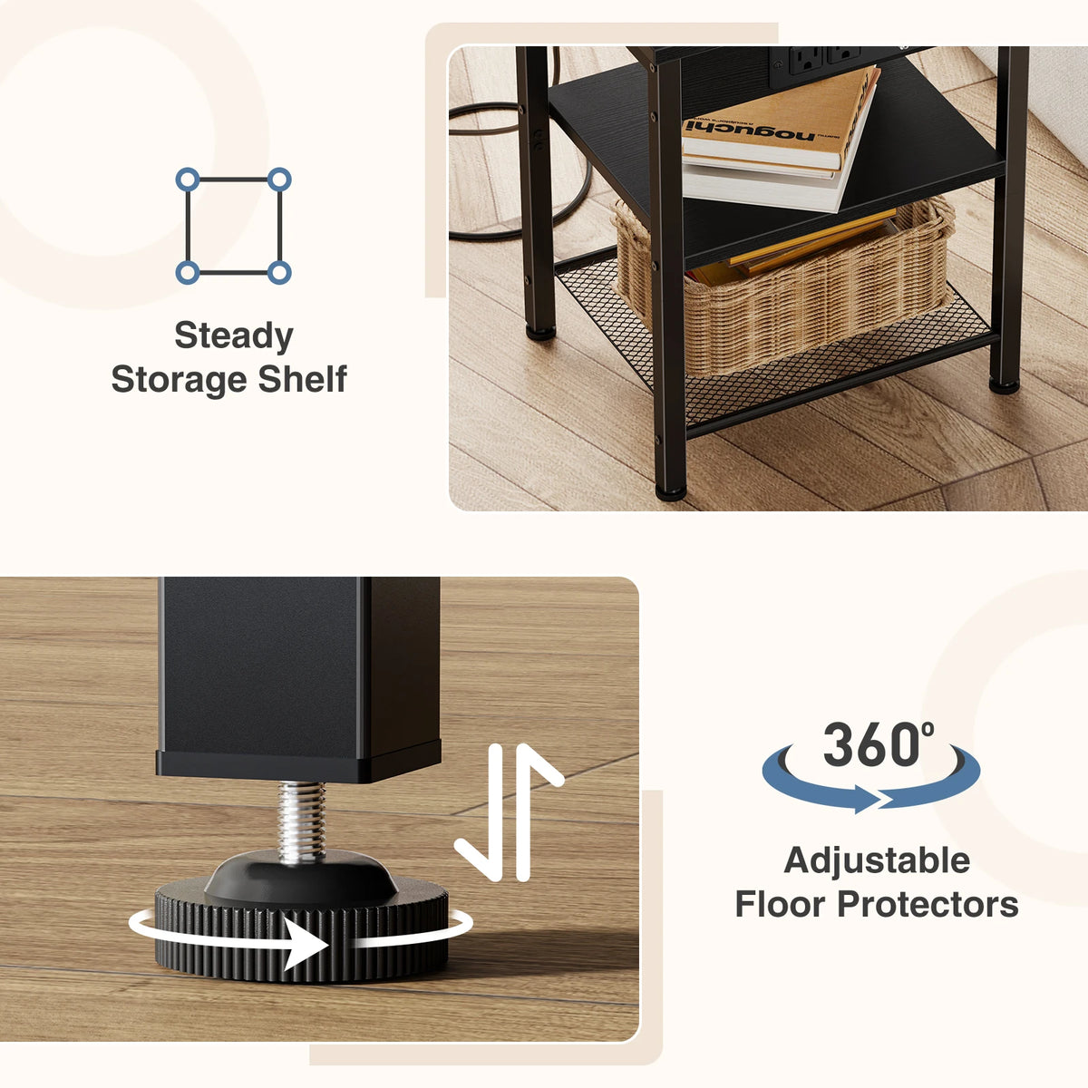 JHK 3 Tier Wood Side Table With USB Charging Station