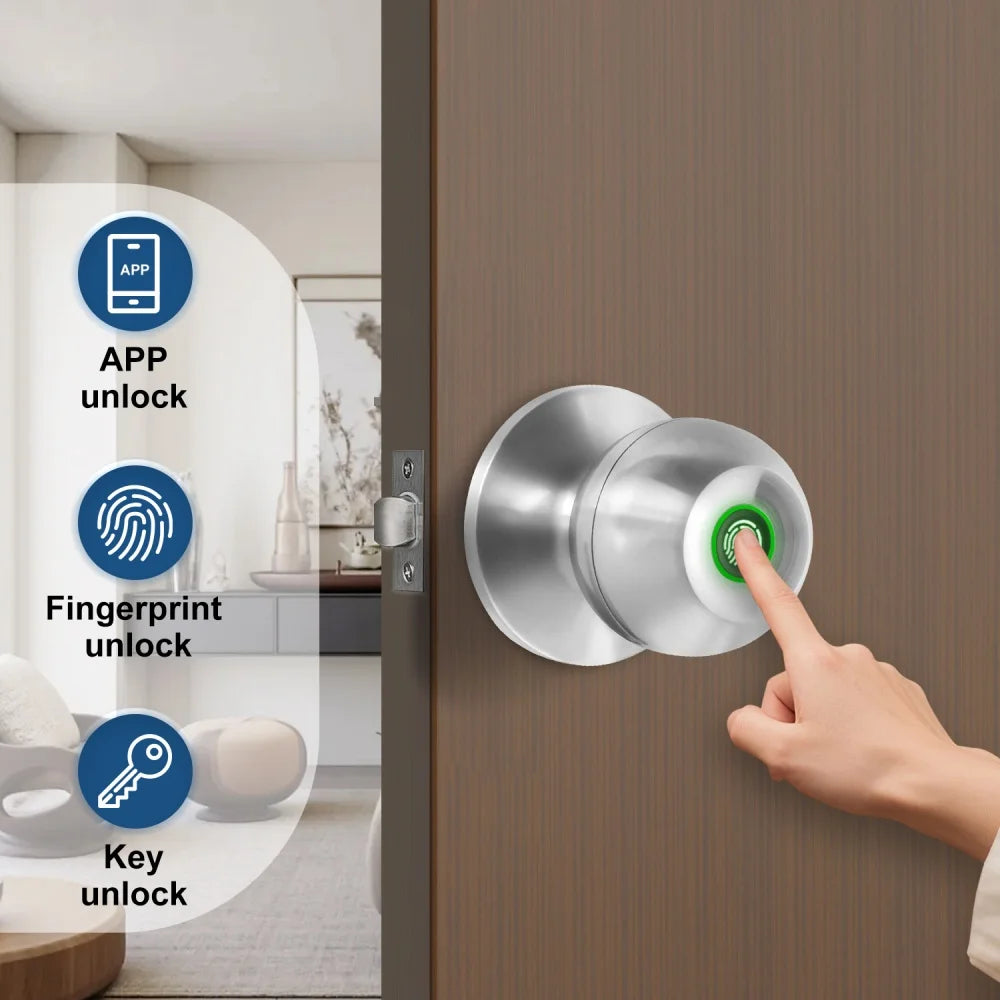 YFK TUYA Smart Life Fingerprint Door Lock Knob, Keyless Entry Bluetooth Electronic Door Lock with Tuya APP Control Password Key Unlock Auto Lock for Home Bedroom Office Hotel