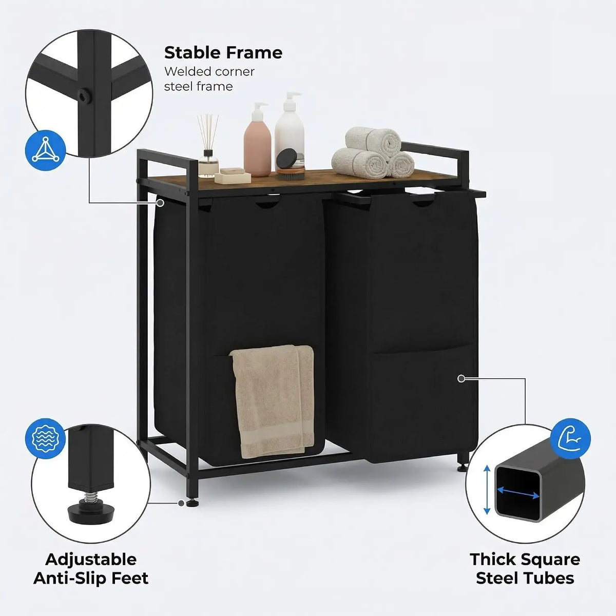 Laundry Sorter 2 Section, Laundry Hamper with Shelf, 97L Laundry Basket with Shelf, Removable Bags, Pockets, for Laundry Room, Bathroom & Bedroom, Rustic Brown and Black