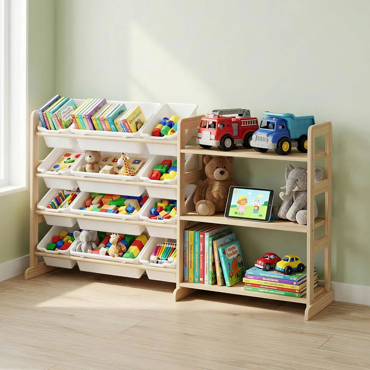 Garvee Toy Storage Organizer for Kids, 12 Bins with 3 Open Shelves, 56" Tall Wooden Bookshelf Display Rack, Solid Pine Natural Finish, Sturdy Toddler Room Shelf Unit for Playroom, Bedroom & Nursery