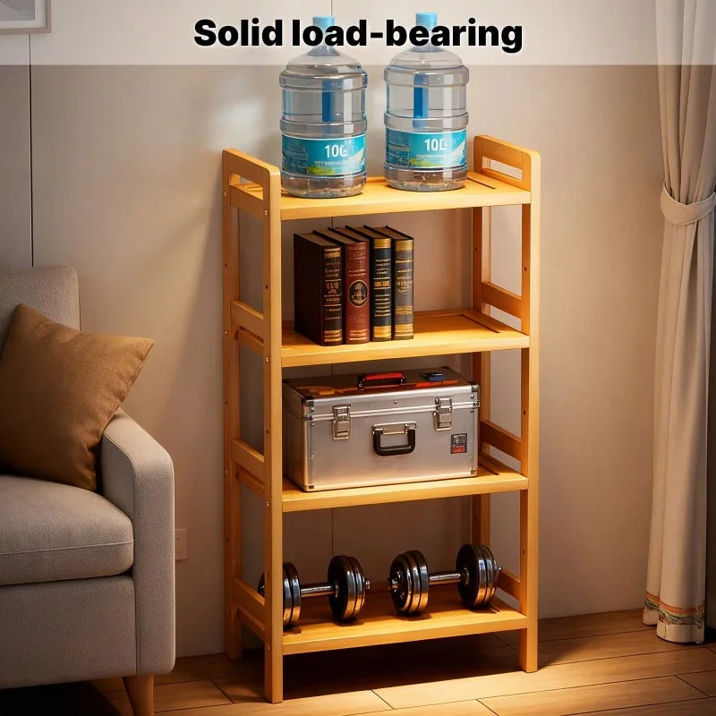 4-Tier 35 Inch Natural Bamboo Flat Organizer Rack) Layered Design, Space-Saving, Anti-Wobble, Kitchen/Bathroom/Living Room (Layered Version