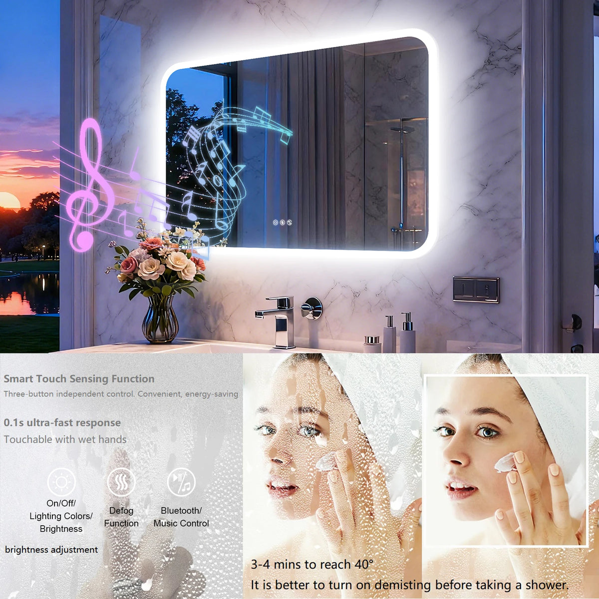 Smart LED Bathroom Mirror With Bluetooth Speakers And Anti Fog