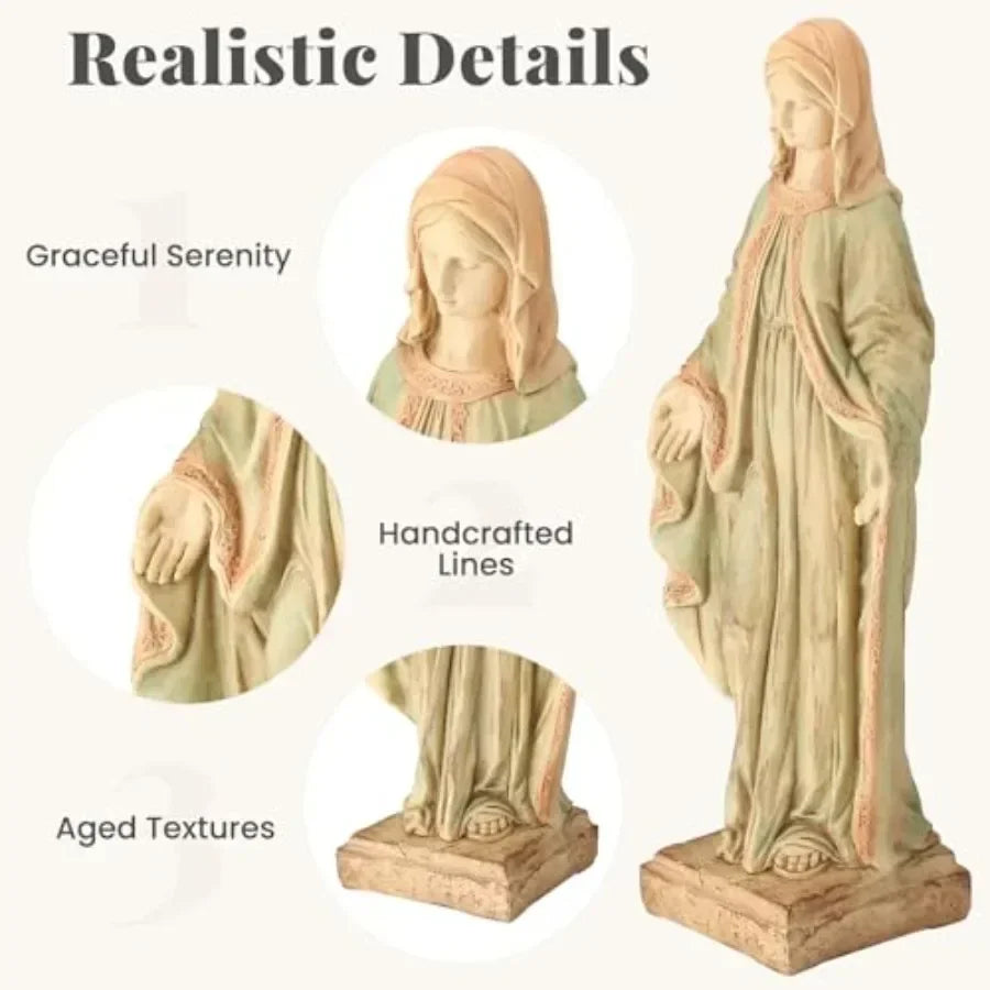 Outdoor garden statue of Virgin Mary, 31.5-inch praying Holy Madonna in weather-resistant resin, white and gold finish, durable