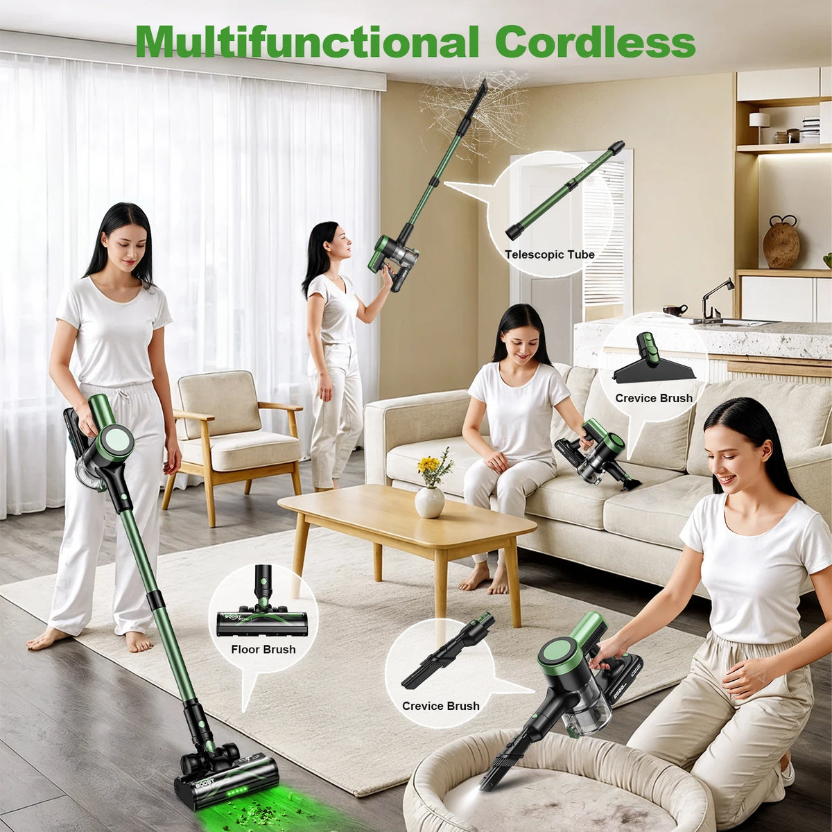Cordless Vacuum Cleaner,Self-Standing,10-in-1/58Kpa/55Mins Stick Vacuum with LED Lighting Brush Vacuum for Pet/Hair/Carpet