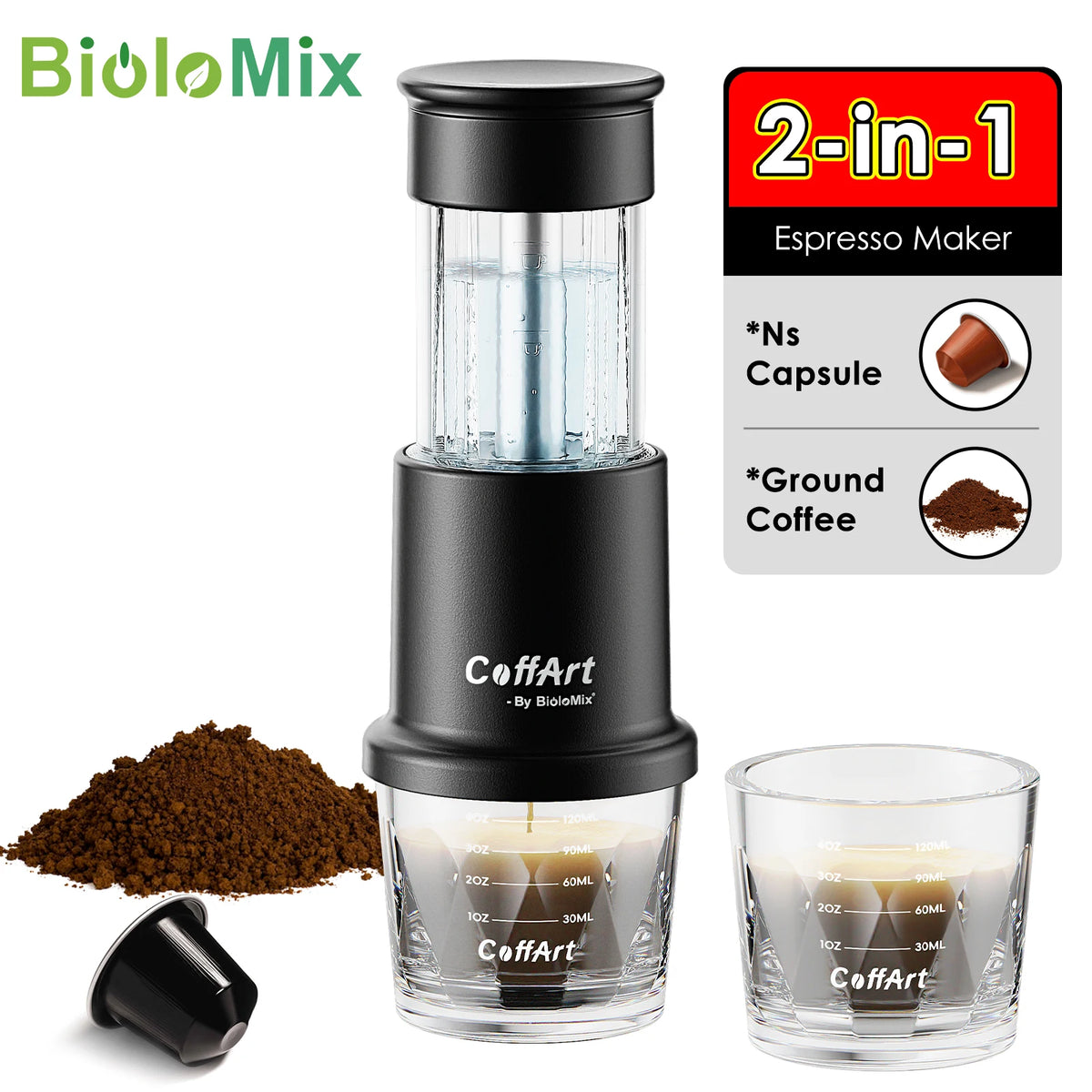 BioloMix Manual Espresso Coffee Maker For Ground Or Capsule Portable Travel