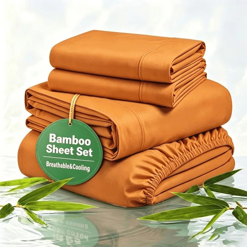 Cooling Bamboo Rayon Bed Sheet Set for Hot Sleepers, 2200 Thread Count Ultra Soft Silky Moisture Wicking Bedding Set, Deep Pocket Fitted Sheet Wrinkle & Fade Resistant Sheets with Pillowcases, Multiple Colors, Available in Tw
