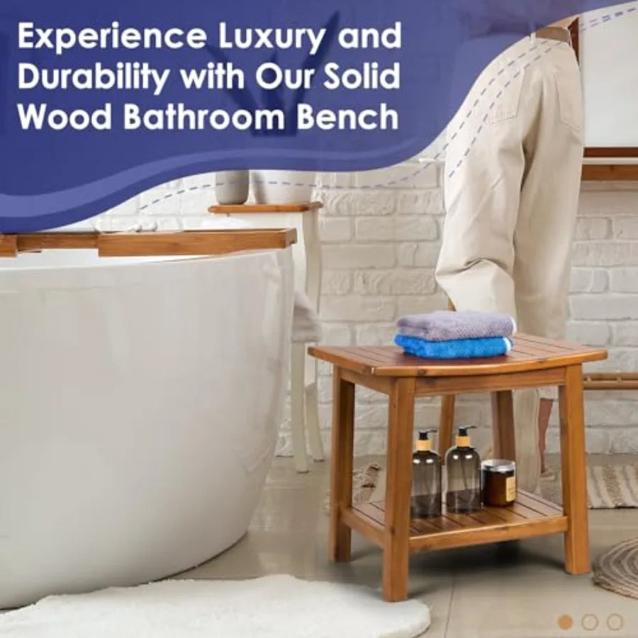 20 Teak Shower Bench with Storage Shelf for Indoor Outdoor Use, Natural Wood Tone, Weather-Resistant Space-Saving Design