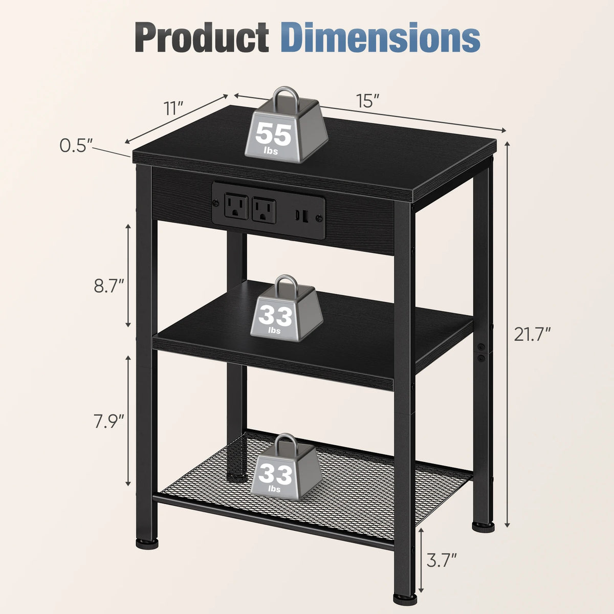 JHK 3 Tier Wood Side Table With USB Charging Station