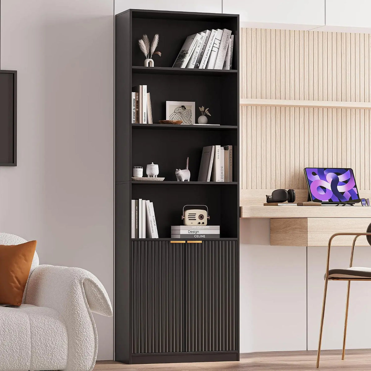 INNOD Bookcase With Doors And Six Display Shelves