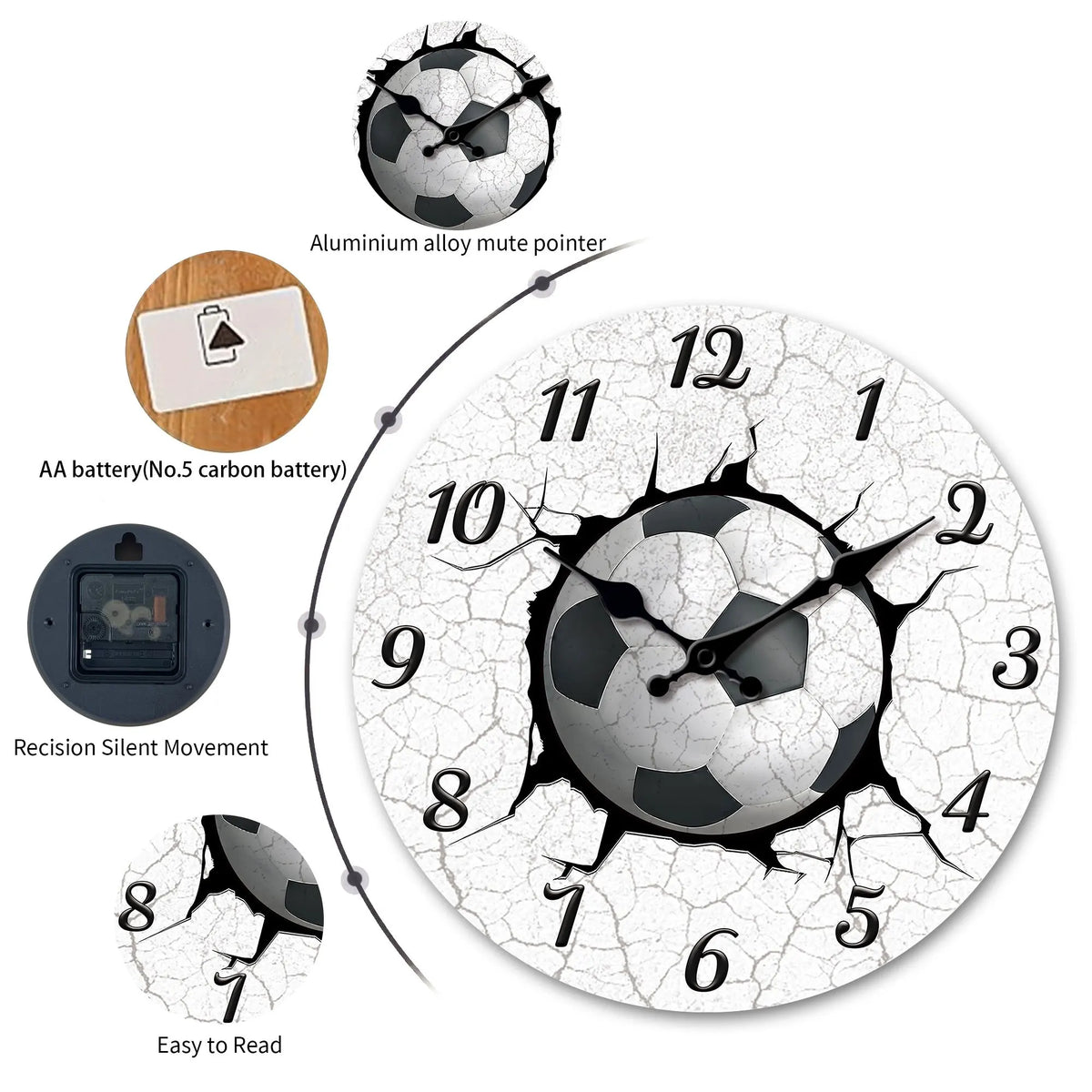 Round Football Silent Quartz Wall Clock For Home Decor