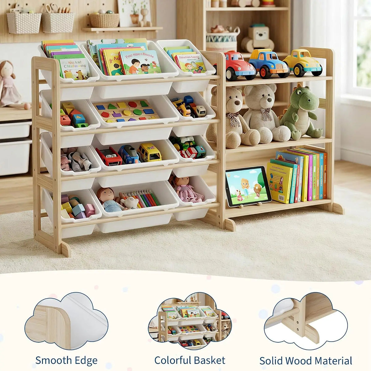 Garvee Toy Storage Organizer for Kids, 12 Bins with 3 Open Shelves, 56" Tall Wooden Bookshelf Display Rack, Solid Pine Natural Finish, Sturdy Toddler Room Shelf Unit for Playroom, Bedroom & Nursery