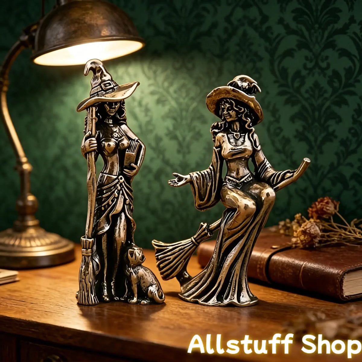Gothic Witch Sculpted Figurine Pair With Bat Pattern Hats