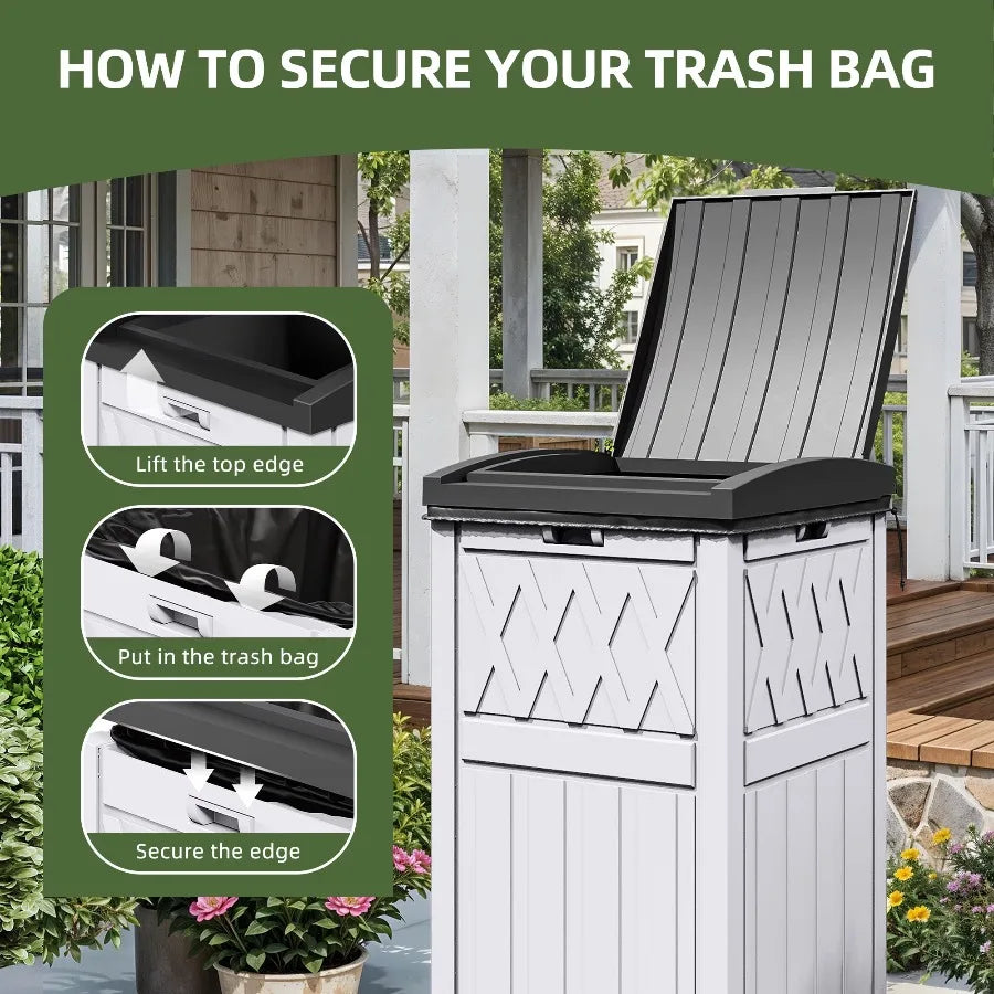 Uforic 31 Gallon Large Outdoor Trash Bin Waterproof Resin Garbage Can with Lid & Drip Tray Waste Containerf Porch Backyard White