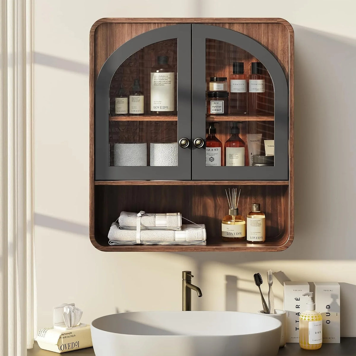 Bathroom Wall Cabinet, Medicine Cabinet Wall Mount with Arched Glass Doors & Adjustable Shelf, Bathroom Cabinet Over the Toilet Storage Cabinet for Laundry Room, Kitchen, Living Room