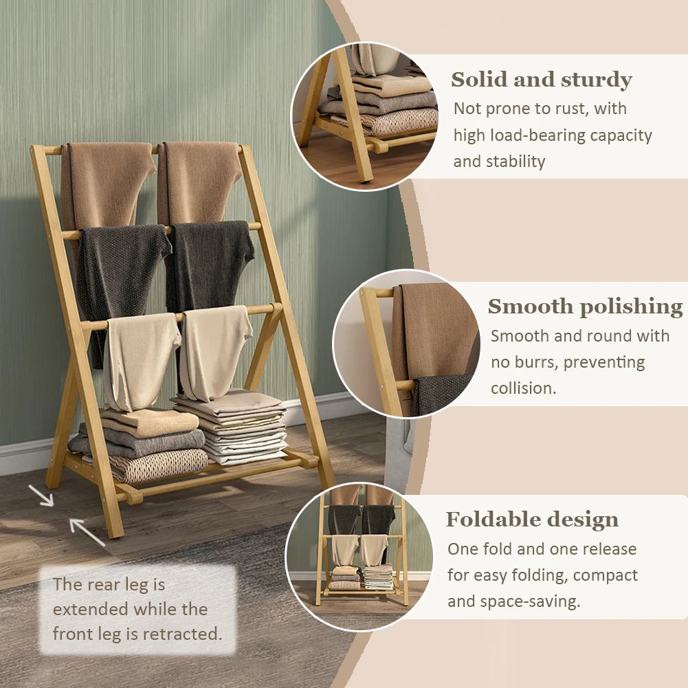 Bamboo Floor Towel Rack with Storage Shelf Freestanding Wood Hangers Towel Holder Organizer for Shower Bathtub Swimming Pool