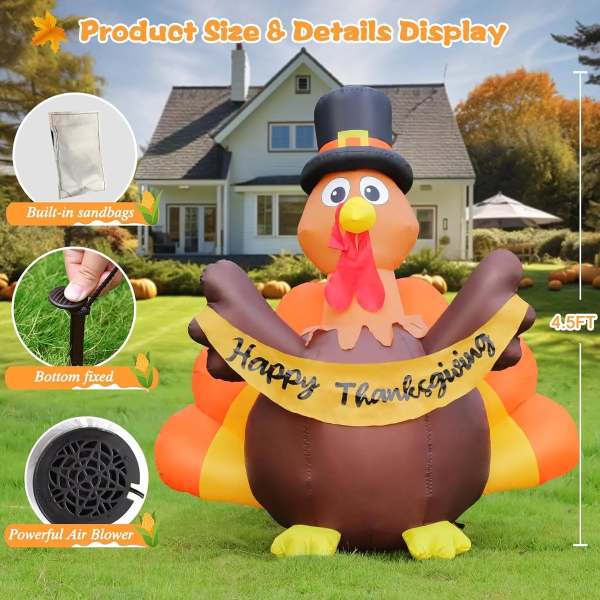 SHXI Inflatable Thanksgiving Turkey With Pilgrim Hat And LED Lights
