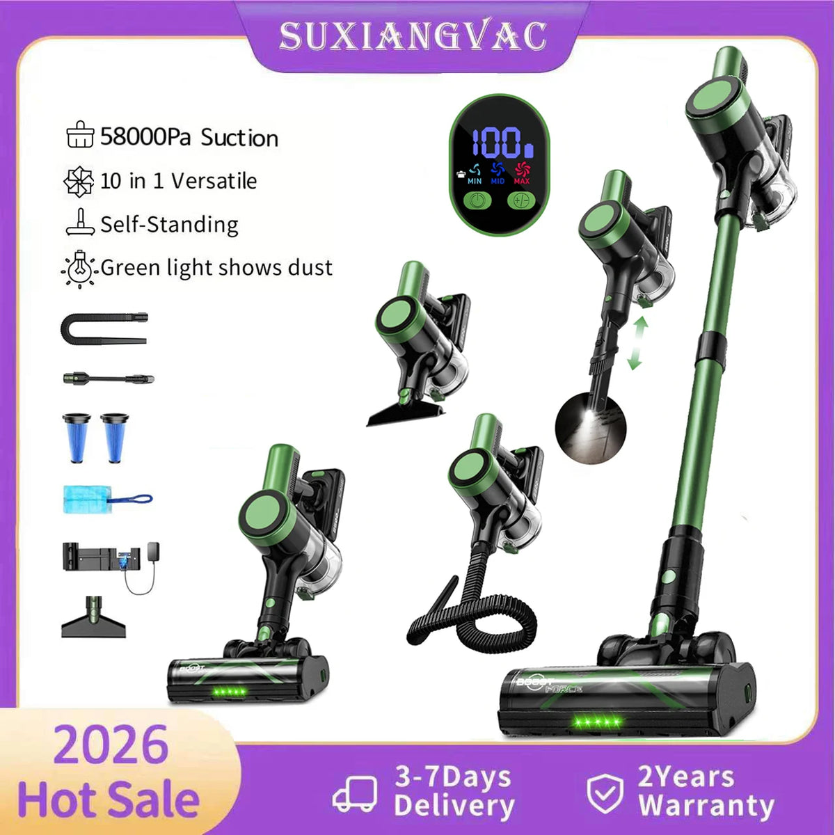 Cordless Vacuum Cleaner,Self-Standing,10-in-1/58Kpa/55Mins Stick Vacuum with LED Lighting Brush Vacuum for Pet/Hair/Carpet