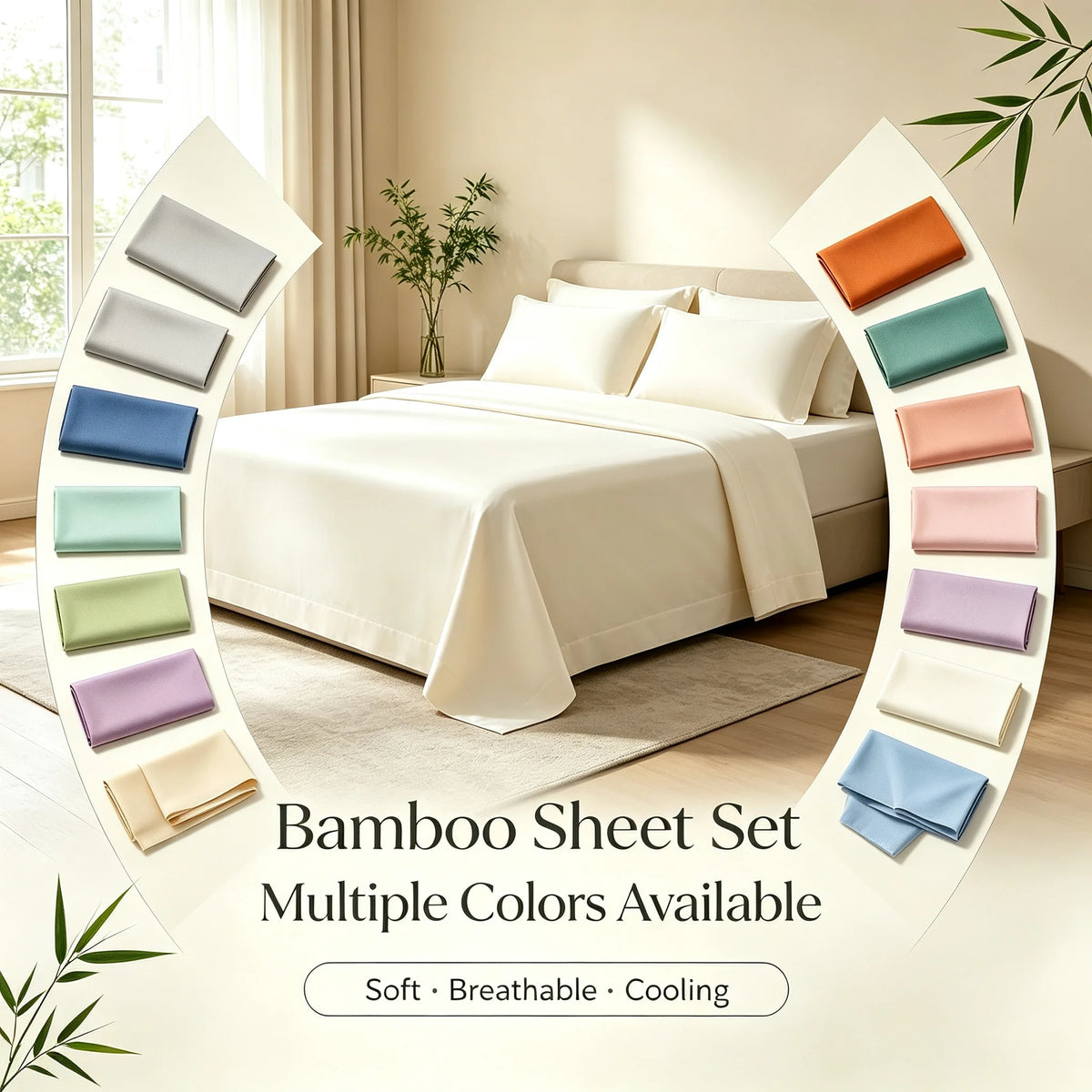 Cooling Bamboo Rayon Bed Sheet Set for Hot Sleepers, 2200 Thread Count Ultra Soft Silky Moisture Wicking Bedding Set, Deep Pocket Fitted Sheet Wrinkle & Fade Resistant Sheets with Pillowcases, Multiple Colors, Available in Tw