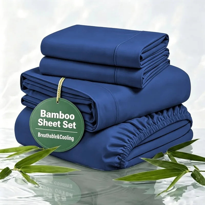 Cooling Bamboo Rayon Bed Sheet Set for Hot Sleepers, 2200 Thread Count Ultra Soft Silky Moisture Wicking Bedding Set, Deep Pocket Fitted Sheet Wrinkle & Fade Resistant Sheets with Pillowcases, Multiple Colors, Available in Tw