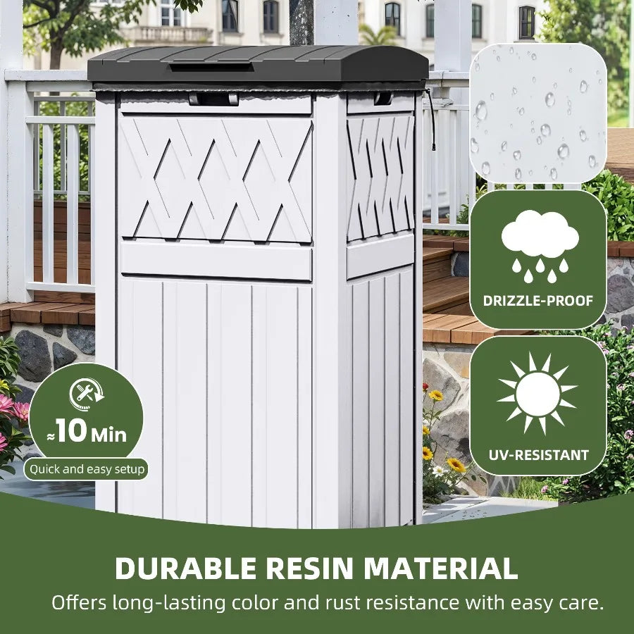 Uforic 31 Gallon Large Outdoor Trash Bin Waterproof Resin Garbage Can with Lid & Drip Tray Waste Containerf Porch Backyard White