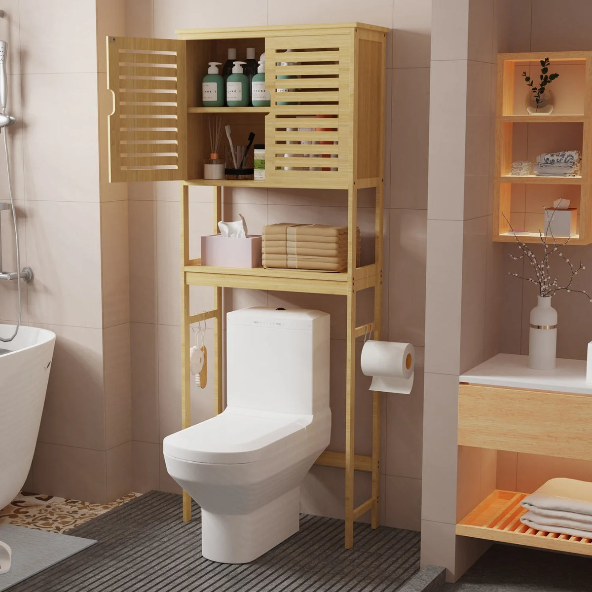 Natural Bamboo Three Tier Over The Toilet Bathroom Rack