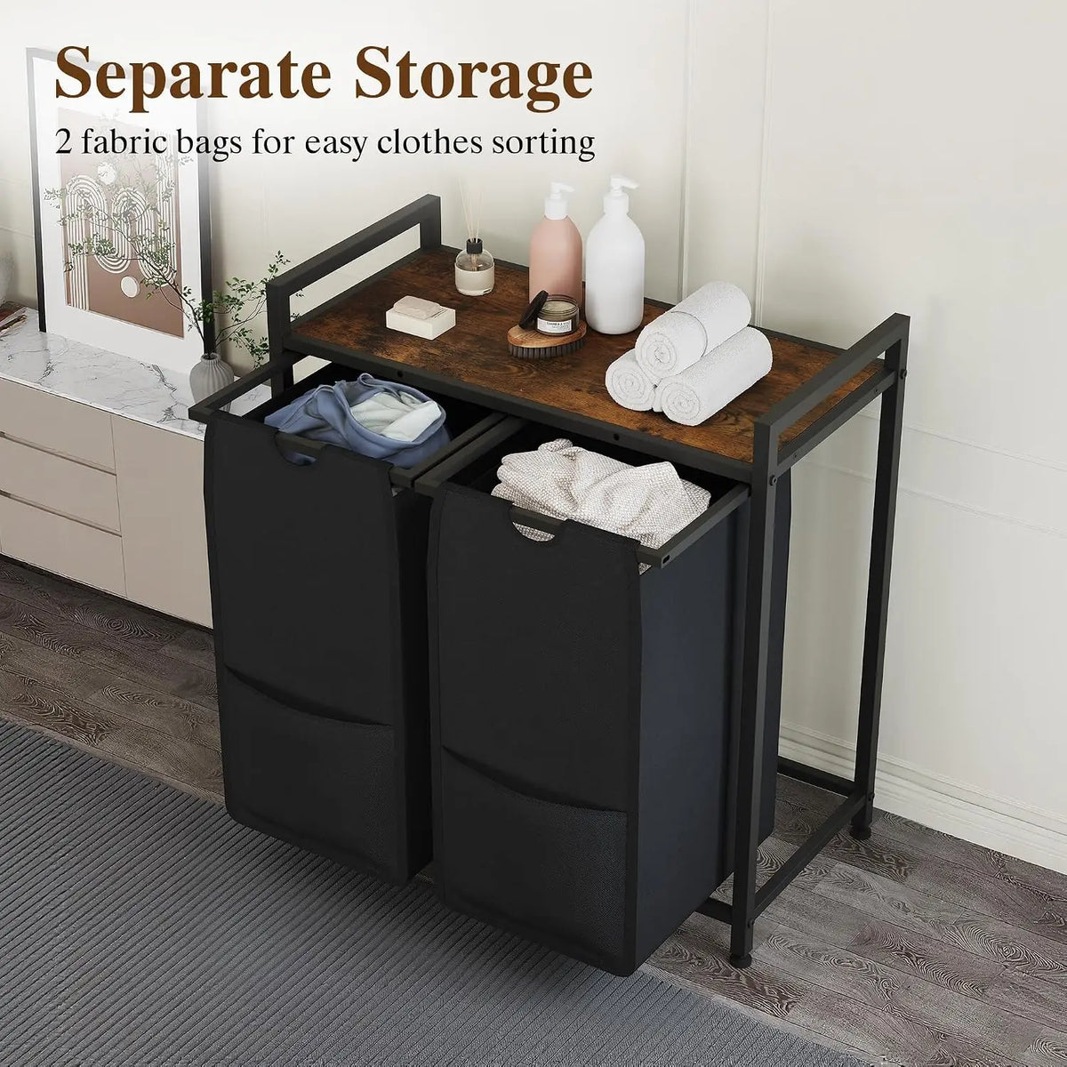 Laundry Sorter 2 Section, Laundry Hamper with Shelf, 97L Laundry Basket with Shelf, Removable Bags, Pockets, for Laundry Room, Bathroom & Bedroom, Rustic Brown and Black