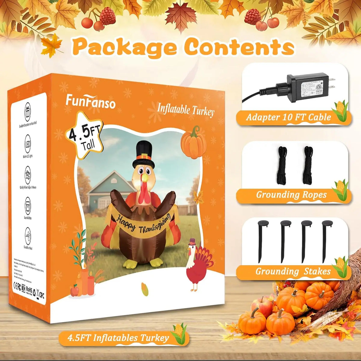 SHXI Inflatable Thanksgiving Turkey With Pilgrim Hat And LED Lights