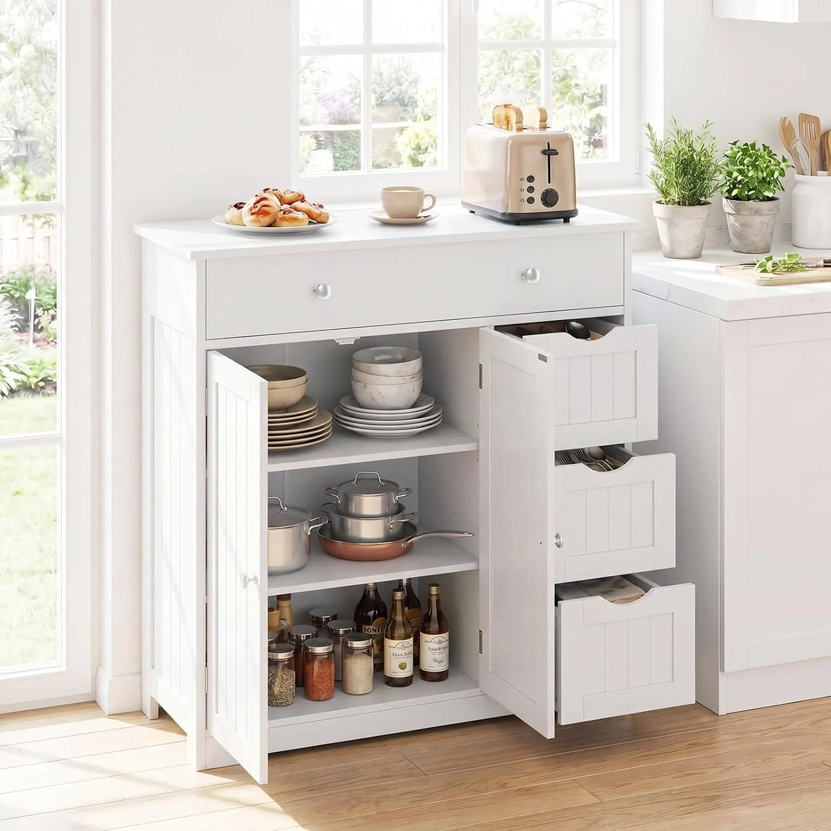 Bathroom Floor Cabinet, 4 Drawers, 2 Doors Cabinet (Off White)