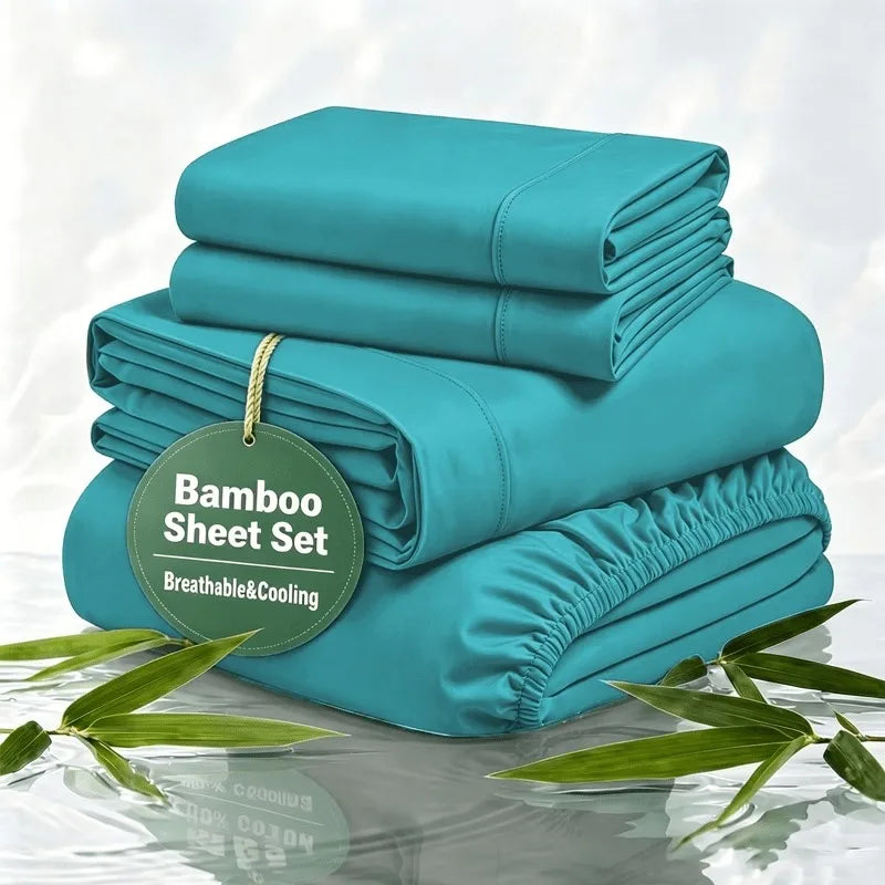 Cooling Bamboo Rayon Bed Sheet Set for Hot Sleepers, 2200 Thread Count Ultra Soft Silky Moisture Wicking Bedding Set, Deep Pocket Fitted Sheet Wrinkle & Fade Resistant Sheets with Pillowcases, Multiple Colors, Available in Tw
