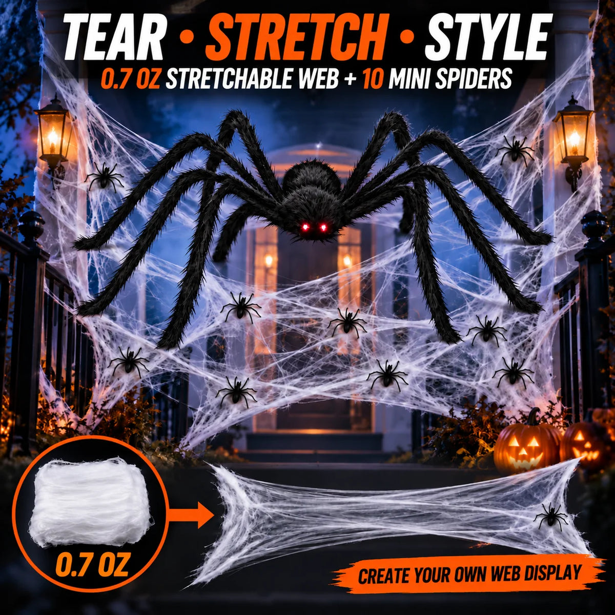 Giant Halloween Spider Decoration Set With Stretchable Web