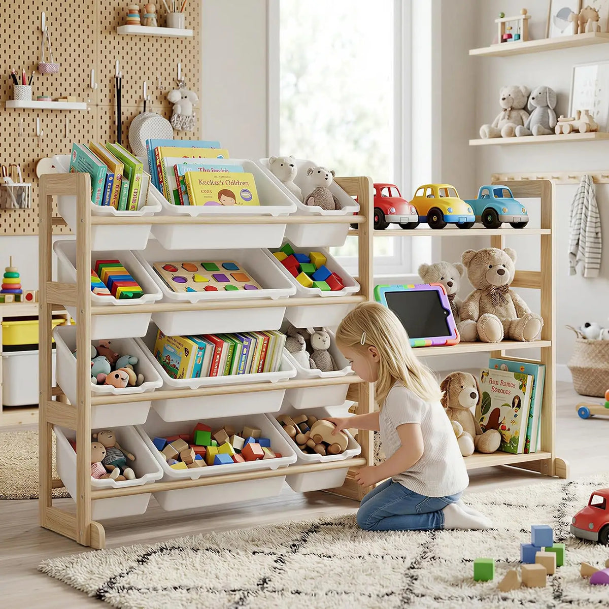Garvee Toy Storage Organizer for Kids, 12 Bins with 3 Open Shelves, 56" Tall Wooden Bookshelf Display Rack, Solid Pine Natural Finish, Sturdy Toddler Room Shelf Unit for Playroom, Bedroom & Nursery