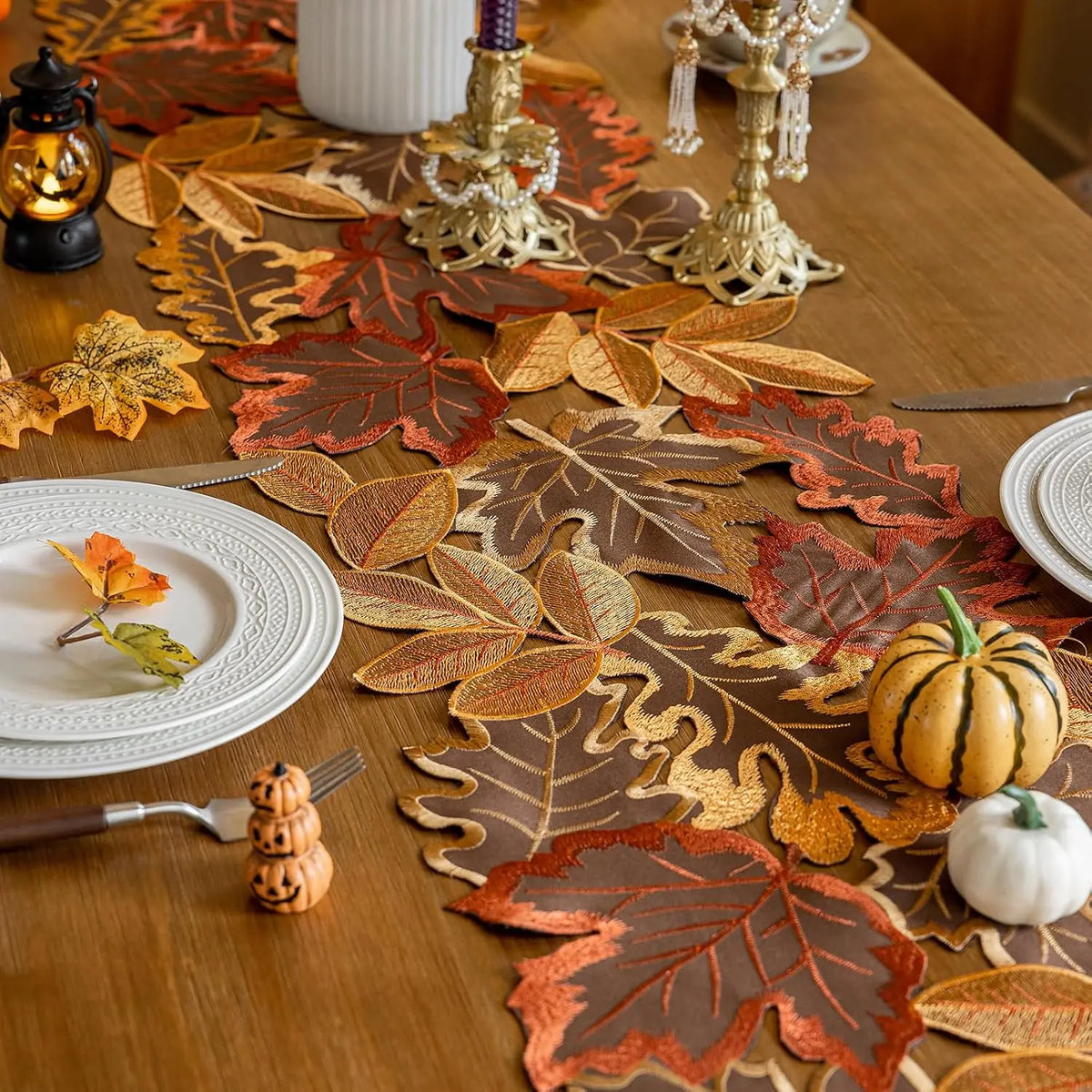 Thanksgiving Fall Embroidered Maple Leaf Table Runner