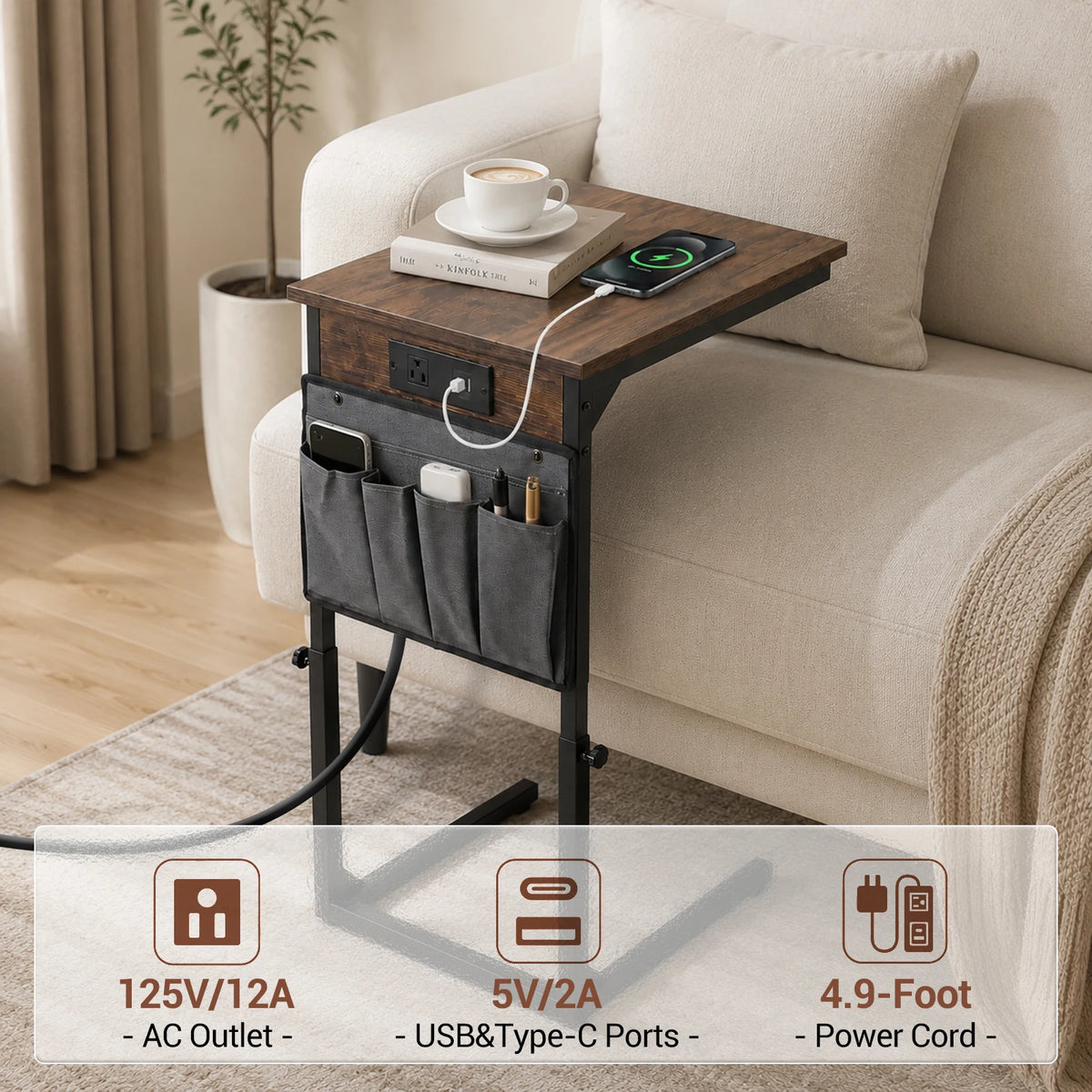 HiMISS Adjustable C Shaped End Table With Charging Station