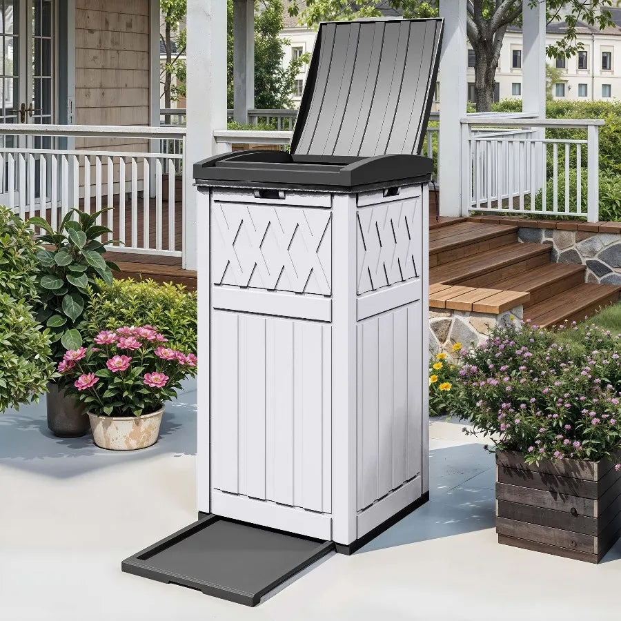 Uforic 31 Gallon Large Outdoor Trash Bin Waterproof Resin Garbage Can with Lid & Drip Tray Waste Containerf Porch Backyard White