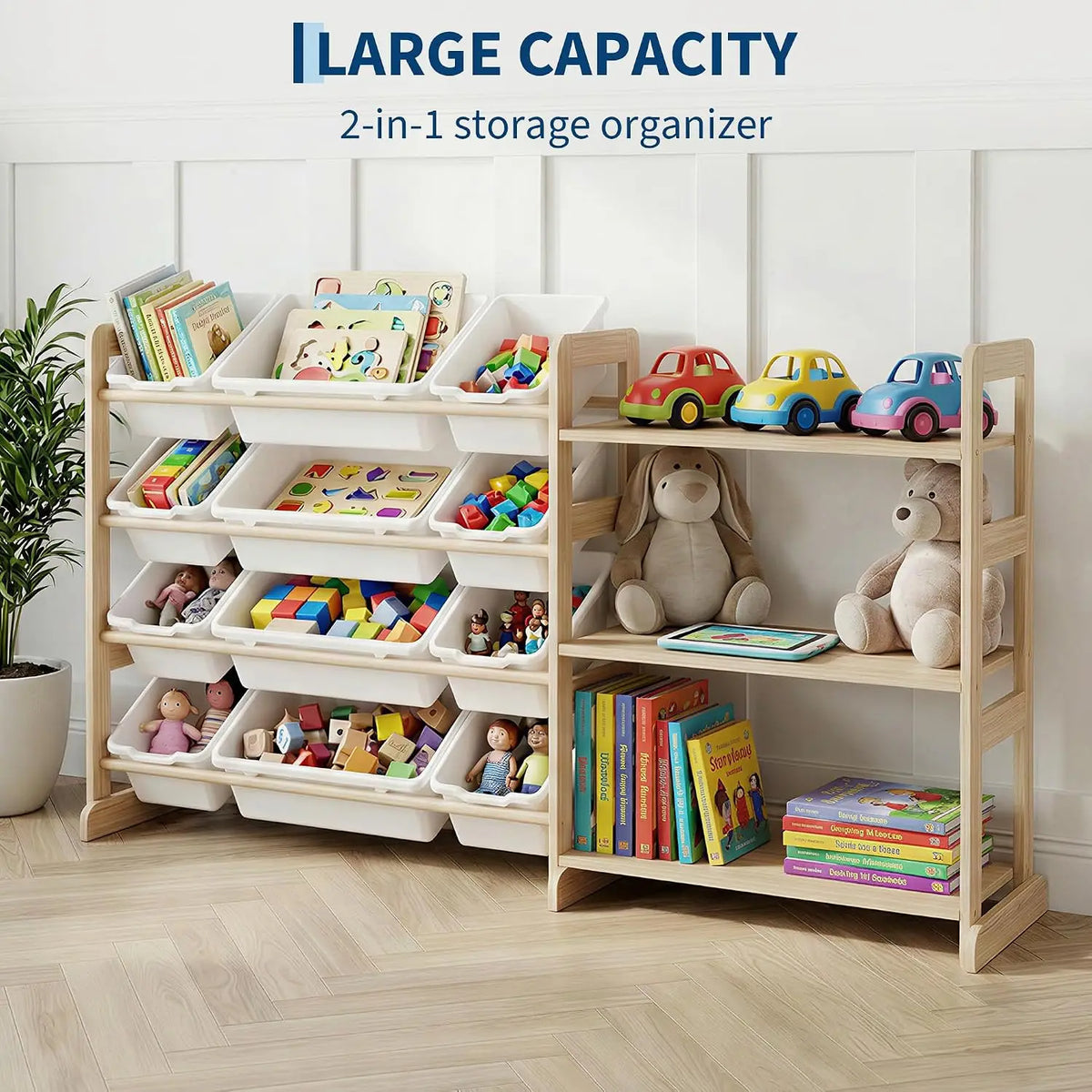 Garvee Toy Storage Organizer for Kids, 12 Bins with 3 Open Shelves, 56" Tall Wooden Bookshelf Display Rack, Solid Pine Natural Finish, Sturdy Toddler Room Shelf Unit for Playroom, Bedroom & Nursery