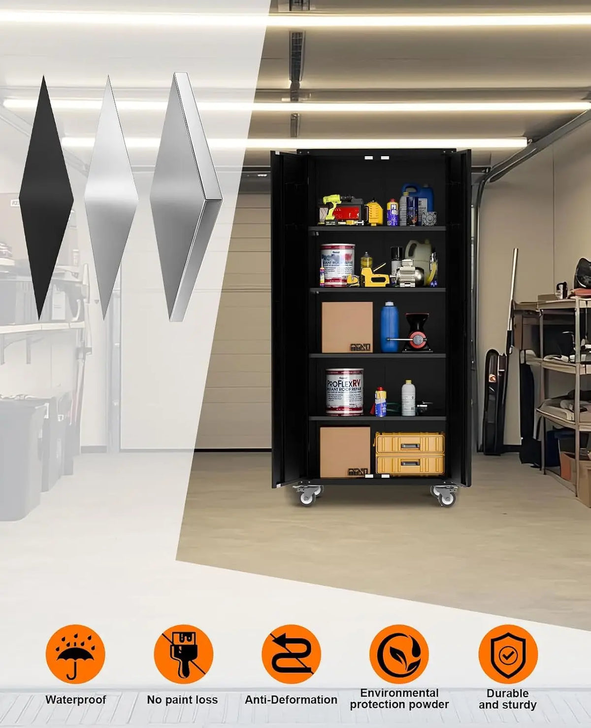 Heavy-Duty Metal Storage Cabinet with Wheels 72Inch Lockable Garage Cabinet with 4 Adjustable Shelves & Pegboard 600 lb Capacity, Magnetic Lock for Home, Garage, Office