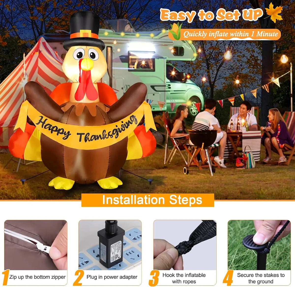SHXI Inflatable Thanksgiving Turkey With Pilgrim Hat And LED Lights