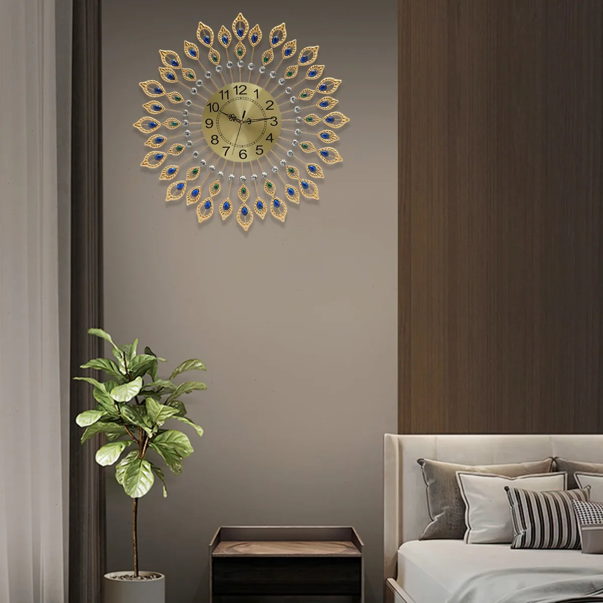 Wall Clock, Peacock Feather Design, 67x67cm Large, Silent Quartz Movement, Iron Metal Frame, Acrylic, for Living Room, Bedroom, Office, Home Decoration, No Ticking