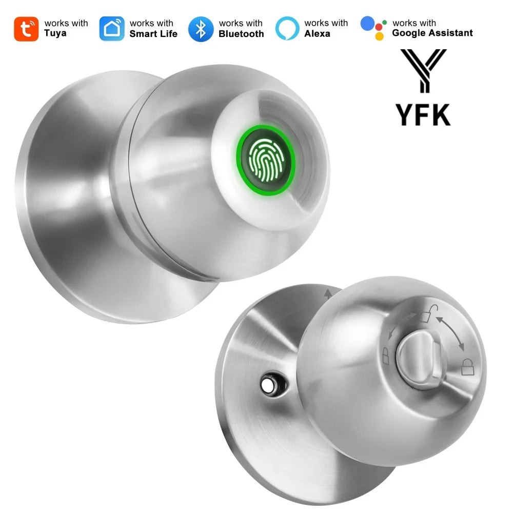 YFK TUYA Smart Life Fingerprint Door Lock Knob, Keyless Entry Bluetooth Electronic Door Lock with Tuya APP Control Password Key Unlock Auto Lock for Home Bedroom Office Hotel