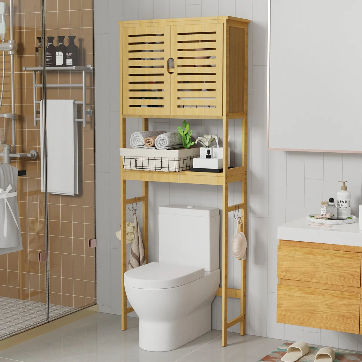 Natural Bamboo Three Tier Over The Toilet Bathroom Rack
